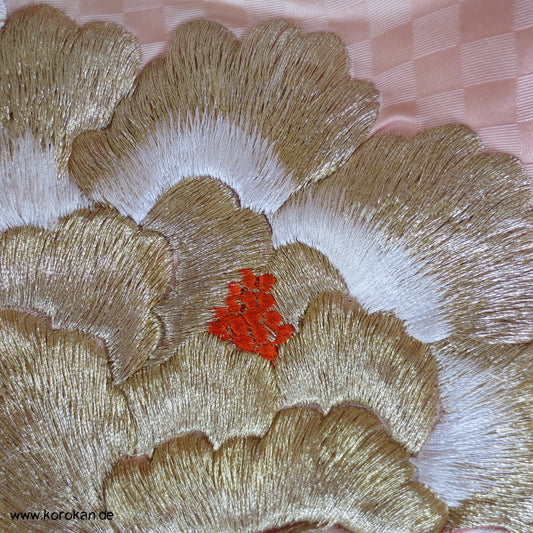 goldene Päonien Stickerei Kakeshita / Furisode Seidendamast Kimono