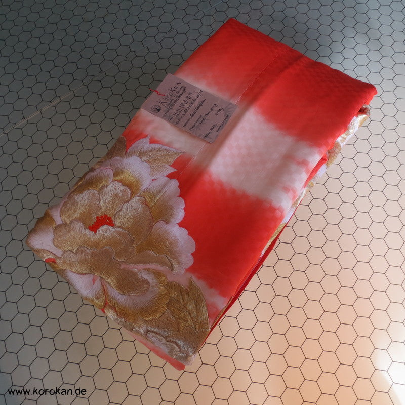 goldene Päonien Stickerei Kakeshita / Furisode Seidendamast Kimono