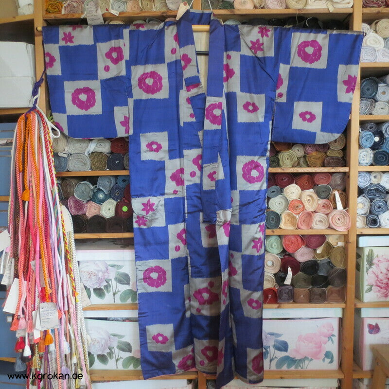 Art Deco Meisen Komon Kimono Ichimatsu Schachbrettkaro mit Blüten