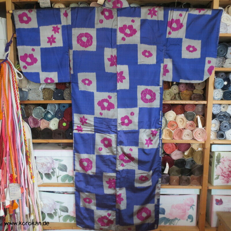 Art Deco Meisen Komon Kimono Ichimatsu Schachbrettkaro mit Blüten
