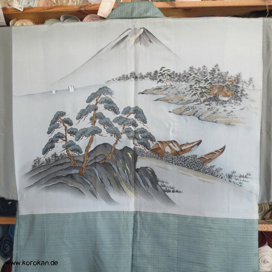 Männer Haori Kimono Jacke jadegrüne Tsumugi Seide, Pinien vor Fuji San