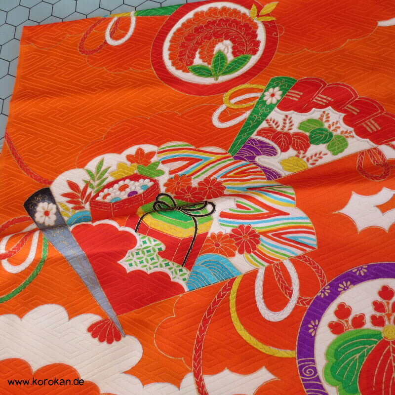 Fächer, Mon Wolken Kinder Kimono Rinzu Seiden Damast