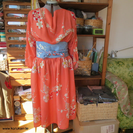 Japan Kimono Seiden Upcycling Kleid, Blütenzweige Crepe, Gr. XL
