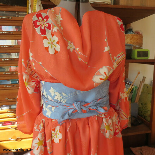 Japan Kimono Seiden Upcycling Kleid, Blütenzweige Crepe, Gr. XL