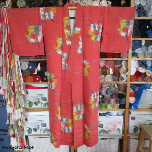 Japan Art Deco azalee mit Iris in Kreisen Meisen Seiden Kimono