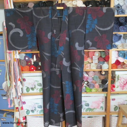 Japan Art Deco Sha Meisen Seiden Arabesken Kasuri Blätter Hitoe Kimono