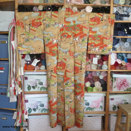 japanische Heian Häuser Szenen Komon Kimono Seidendamast