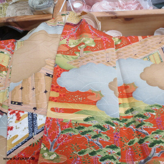japanische Heian Häuser Szenen Komon Kimono Seidendamast