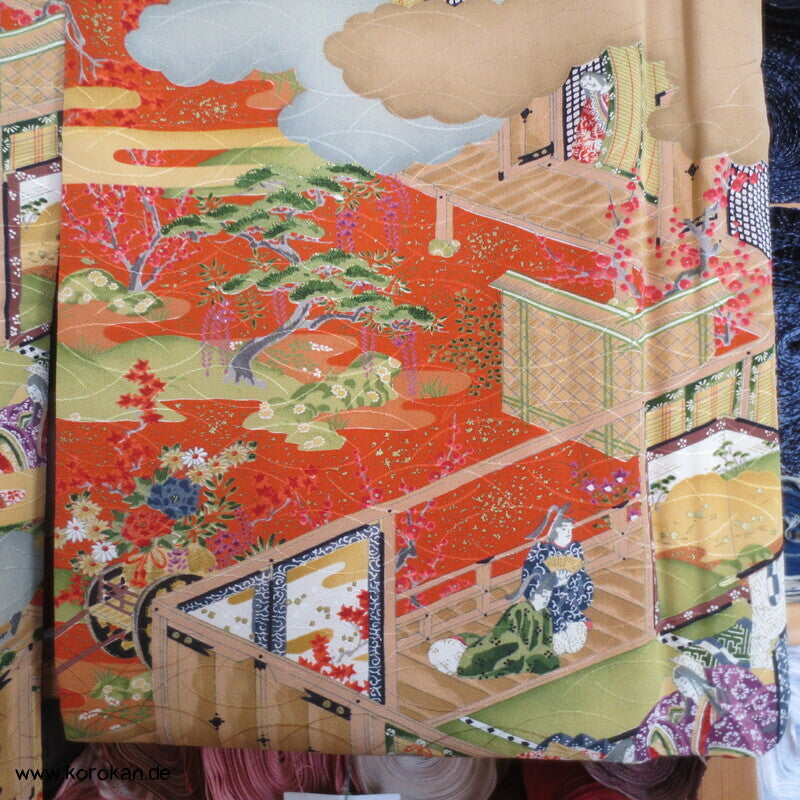 japanische Heian Häuser Szenen Komon Kimono Seidendamast