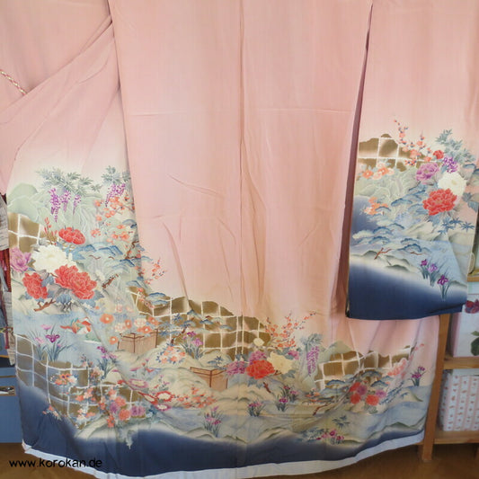 Gartenlandschaft Furisode Kimono Seiden Karieba