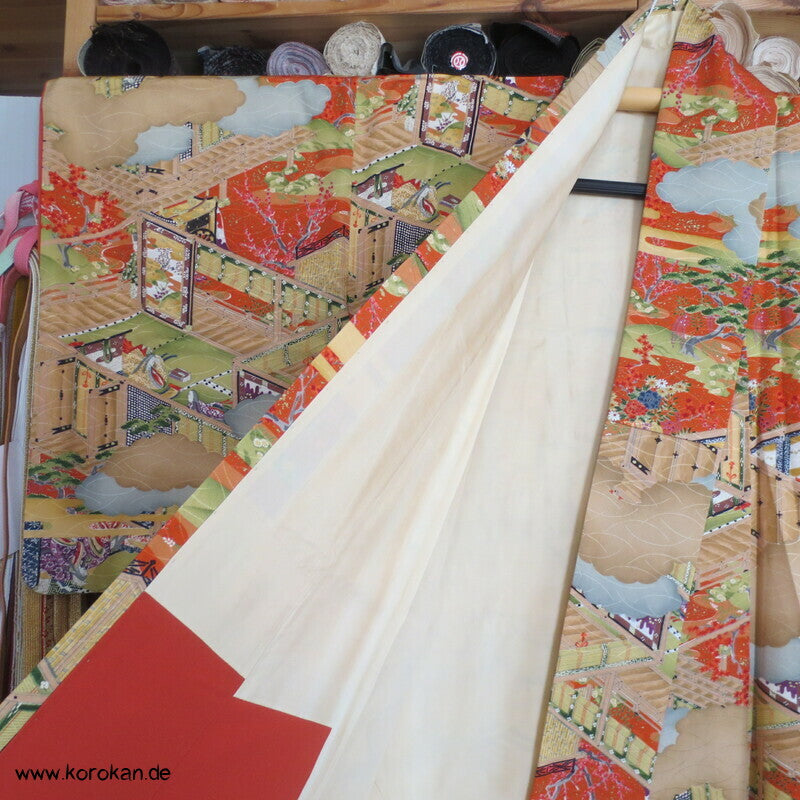 japanische Heian Häuser Szenen Komon Kimono Seidendamast