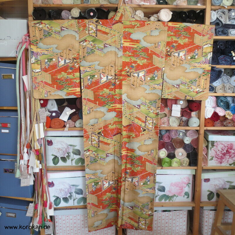 japanische Heian Häuser Szenen Komon Kimono Seidendamast