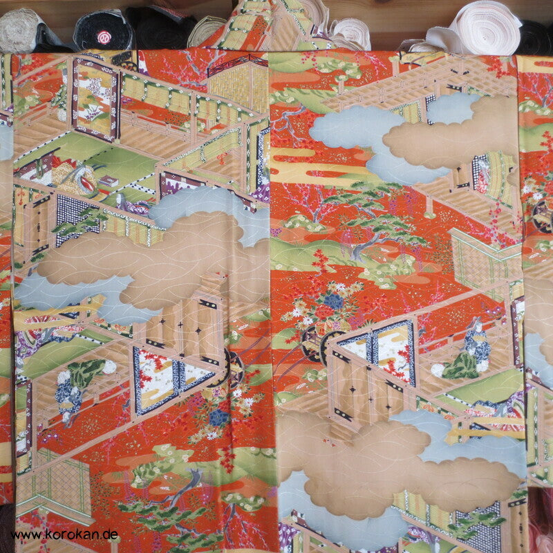 japanische Heian Häuser Szenen Komon Kimono Seidendamast