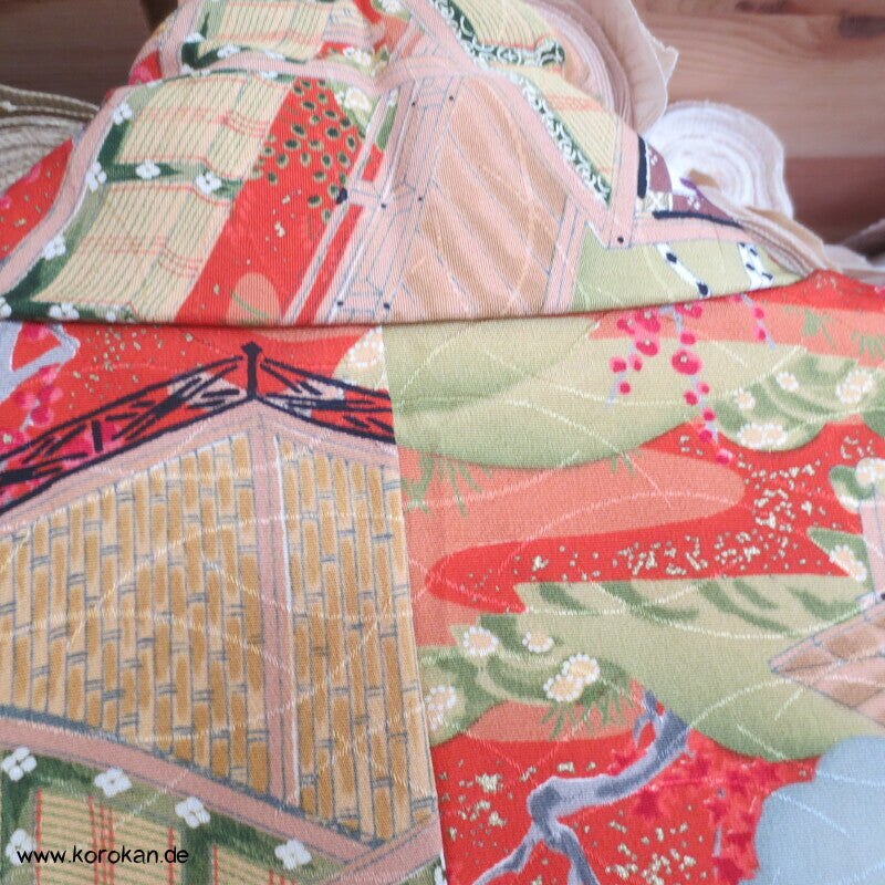 japanische Heian Häuser Szenen Komon Kimono Seidendamast