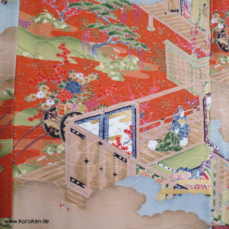 japanische Heian Häuser Szenen Komon Kimono Seidendamast