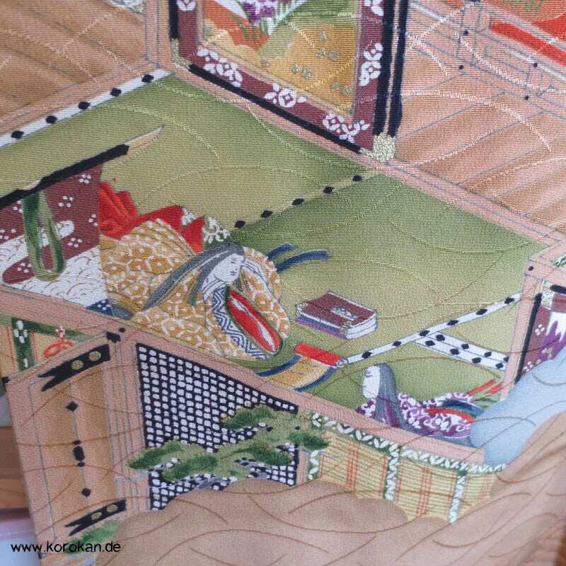 japanische Heian Häuser Szenen Komon Kimono Seidendamast