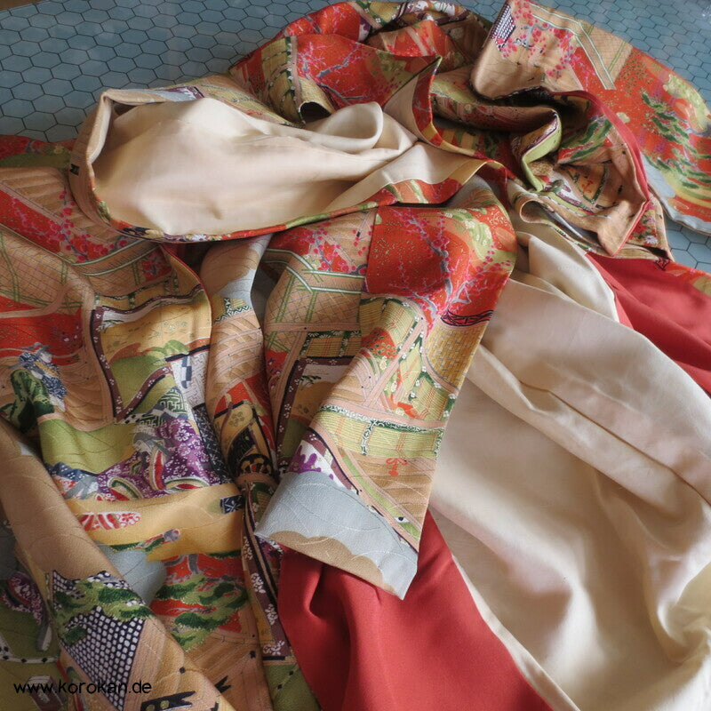 japanische Heian Häuser Szenen Komon Kimono Seidendamast