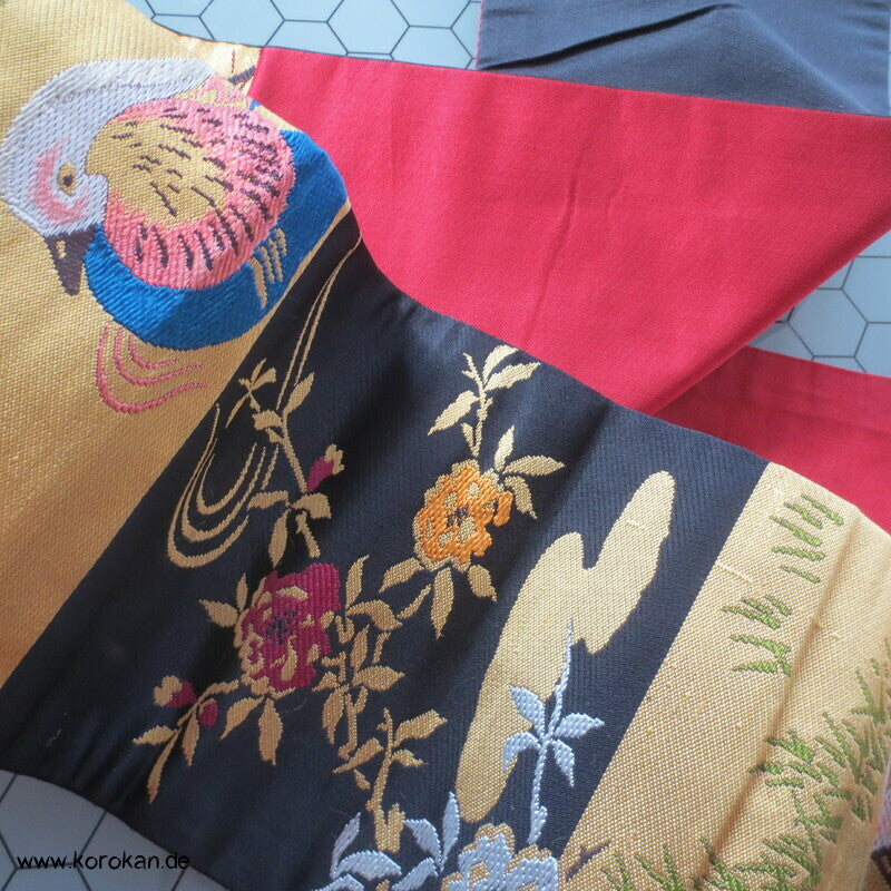 Mandarinenten auf Karo antiker Nagoya Obi