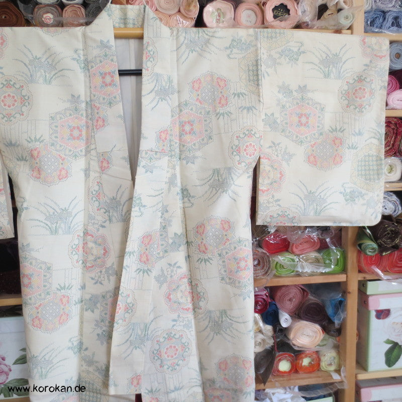 Iris, Spiegel, Bambus Kasuri Tsumugi Seiden Kimono