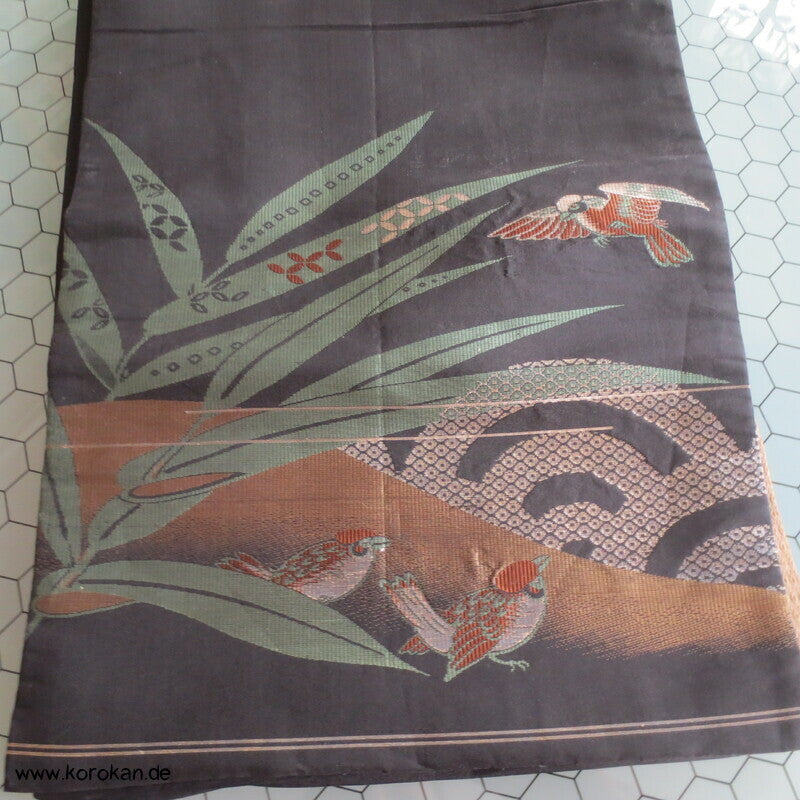 Spatzen im Bambus Fukuro Obi, reversibel, geometrisch, Stickereien