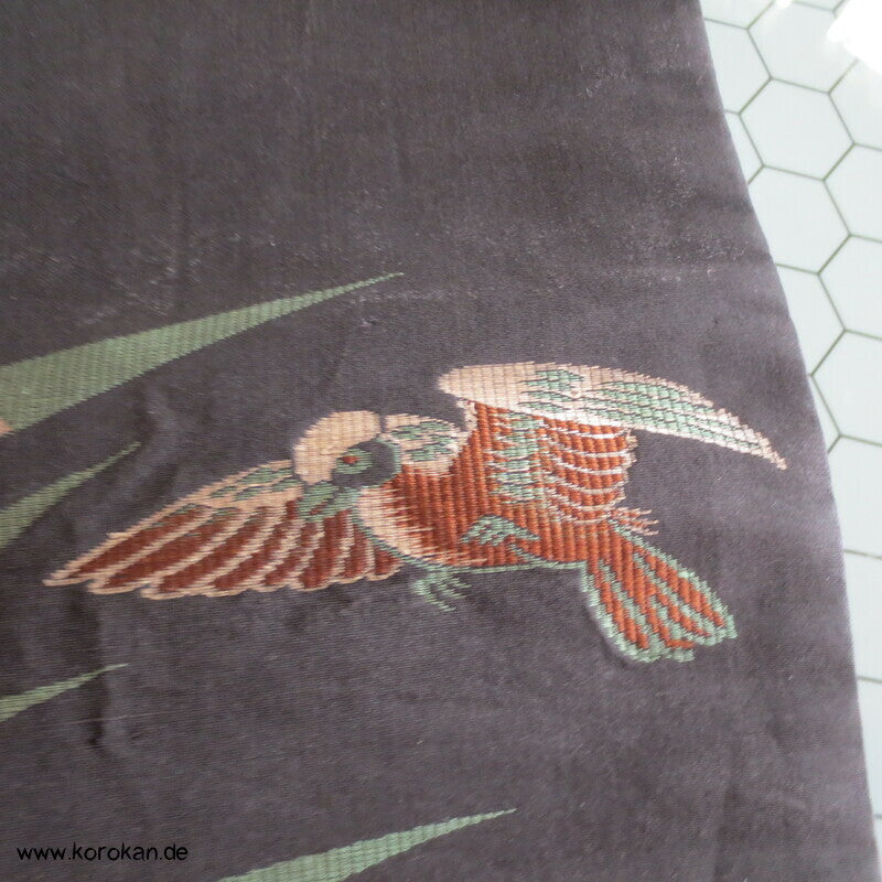 Spatzen im Bambus Fukuro Obi, reversibel, geometrisch, Stickereien