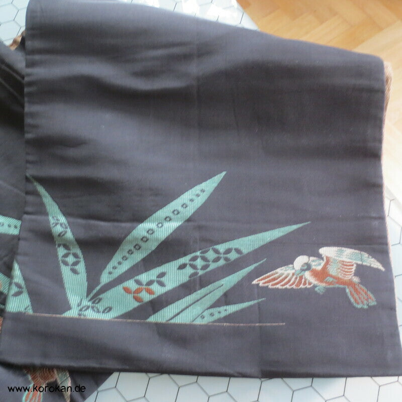 Spatzen im Bambus Fukuro Obi, reversibel, geometrisch, Stickereien