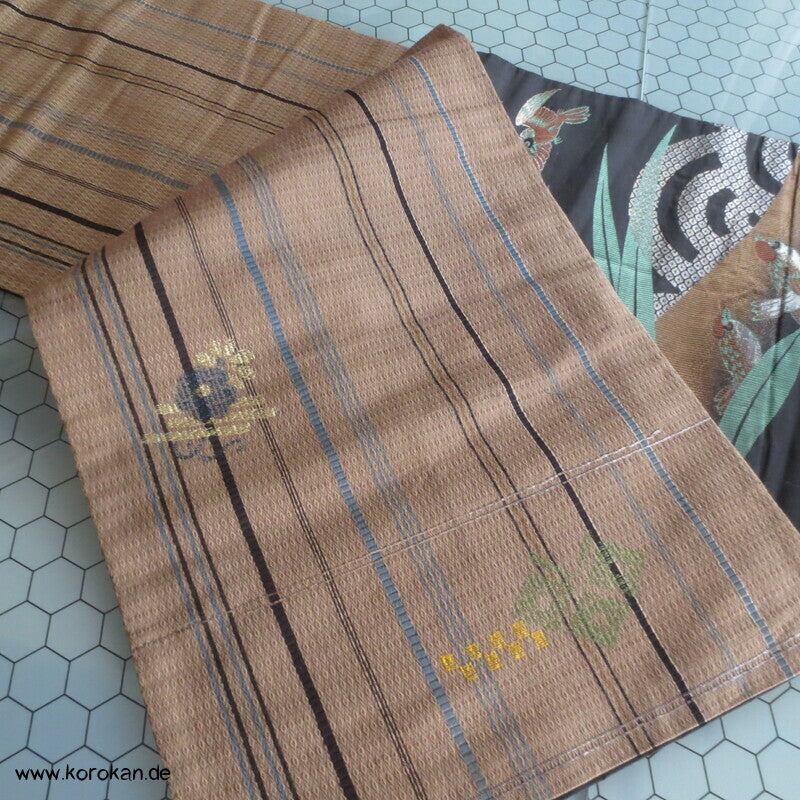 Spatzen im Bambus Fukuro Obi, reversibel, geometrisch, Stickereien