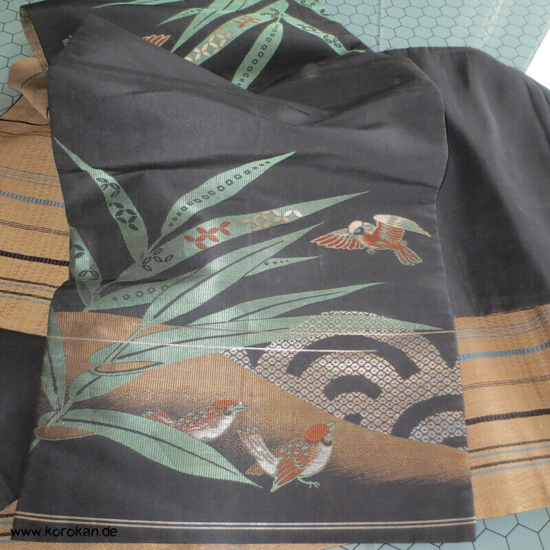 Spatzen im Bambus Fukuro Obi, reversibel, geometrisch, Stickereien