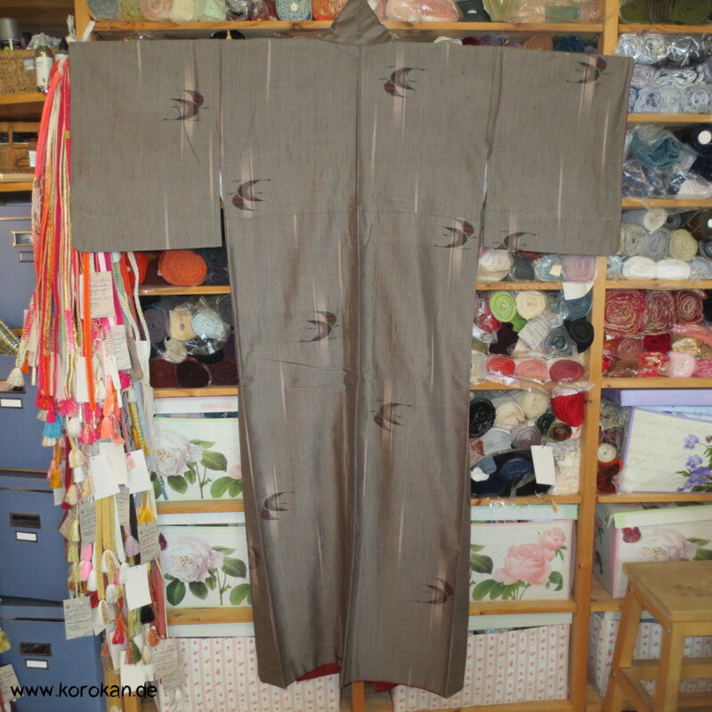 Kranich Kasuri grau - bunt Tsumugi Kimono