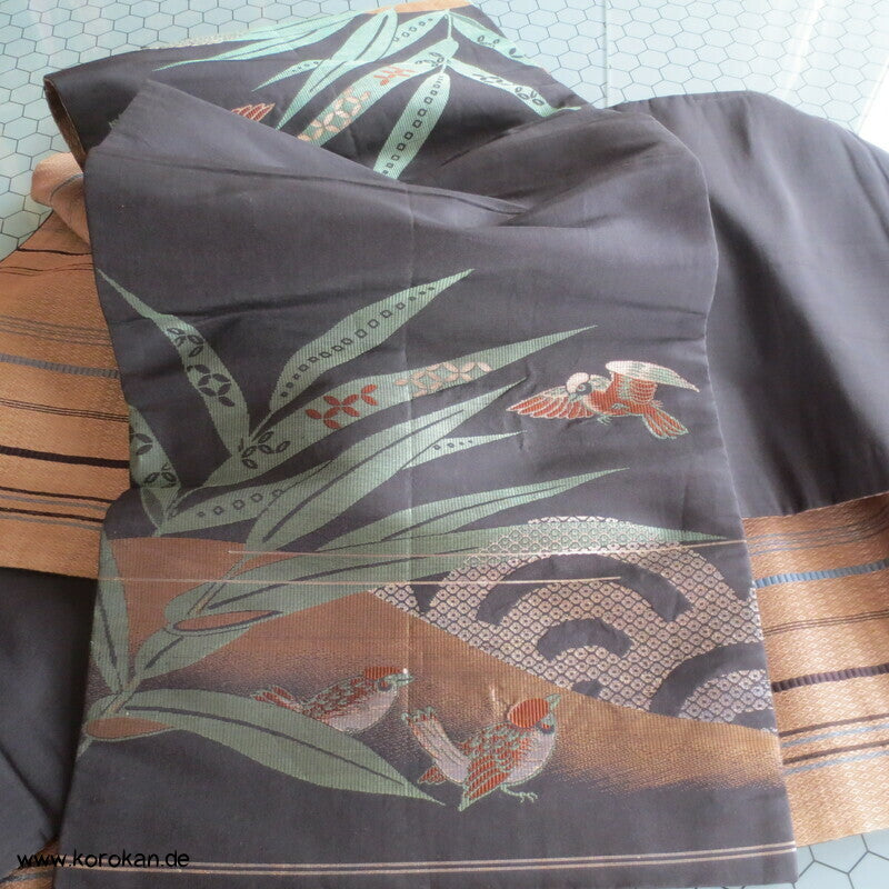 Spatzen im Bambus Fukuro Obi, reversibel, geometrisch, Stickereien