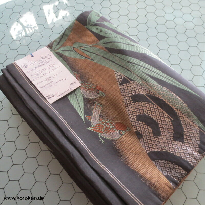 Spatzen im Bambus Fukuro Obi, reversibel, geometrisch, Stickereien