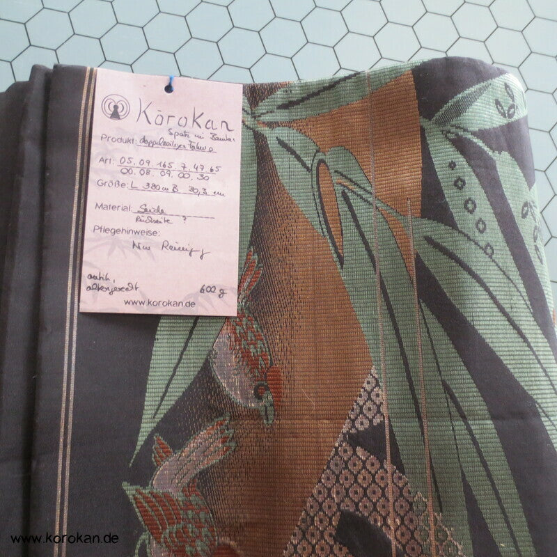 Spatzen im Bambus Fukuro Obi, reversibel, geometrisch, Stickereien