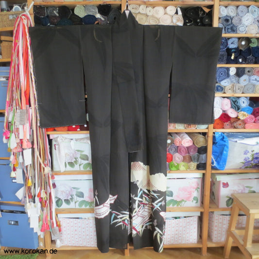 Boote im Bambus antiker Tomesode Kimono Rho Seide