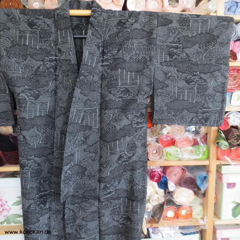 Kasuri Tsumugi Gartenmotive Hitoe - ungefütterter - Kimono