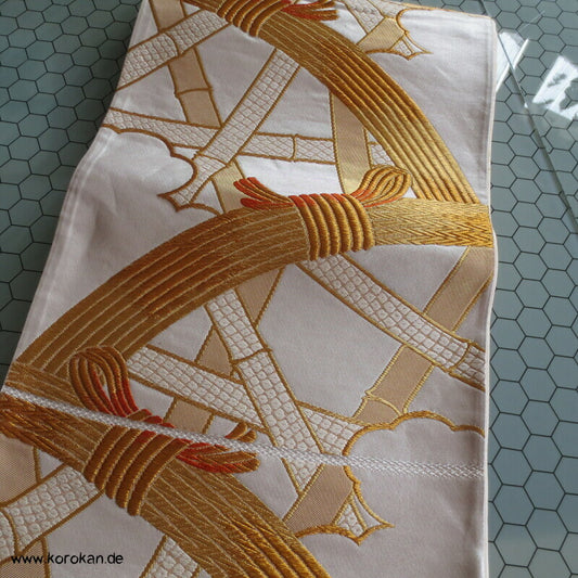 Bambusgeflecht Seiden Brokat Fukuro Obi, goldener Kimonogürtel