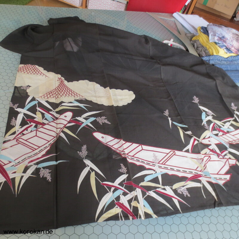 Boote im Bambus antiker Tomesode Kimono Rho Seide