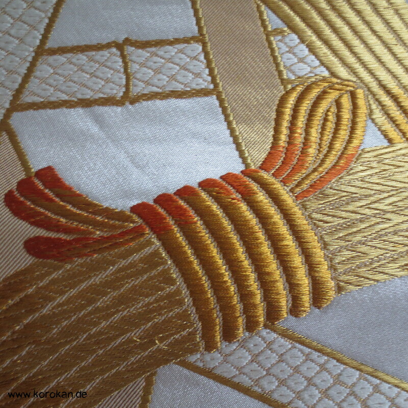 Bambusgeflecht Seiden Brokat Fukuro Obi, goldener Kimonogürtel