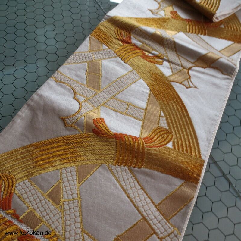Bambusgeflecht Seiden Brokat Fukuro Obi, goldener Kimonogürtel