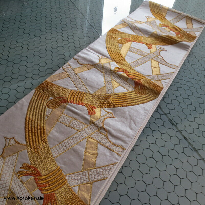 Bambusgeflecht Seiden Brokat Fukuro Obi, goldener Kimonogürtel