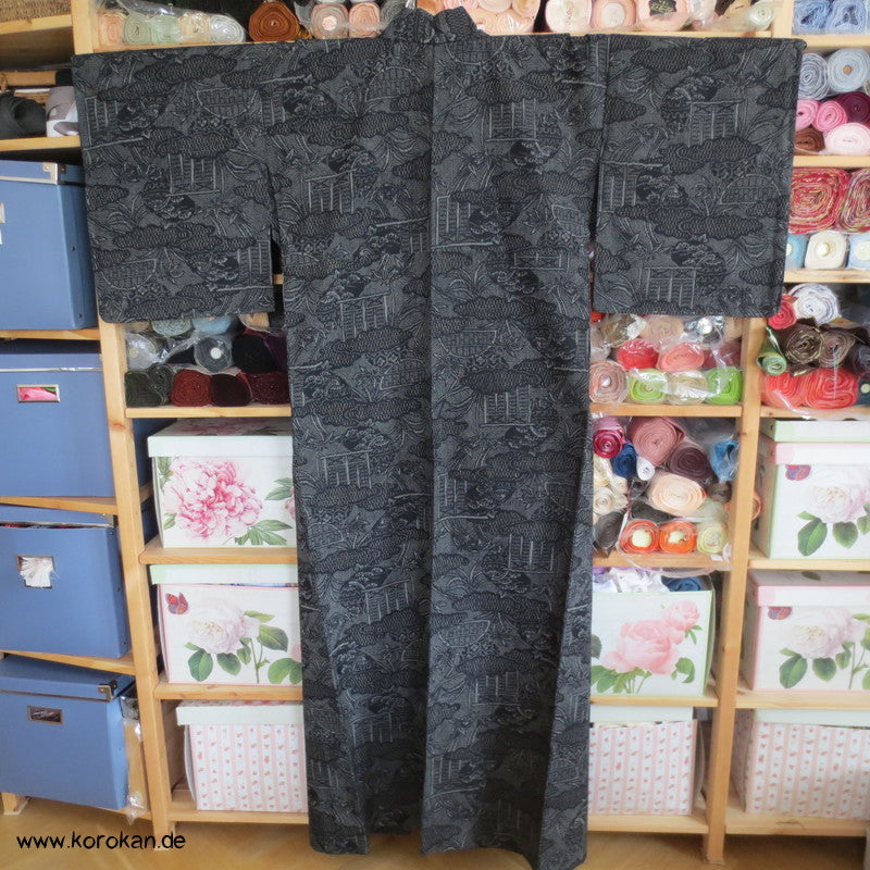 Kasuri Tsumugi Gartenmotive Hitoe - ungefütterter - Kimono