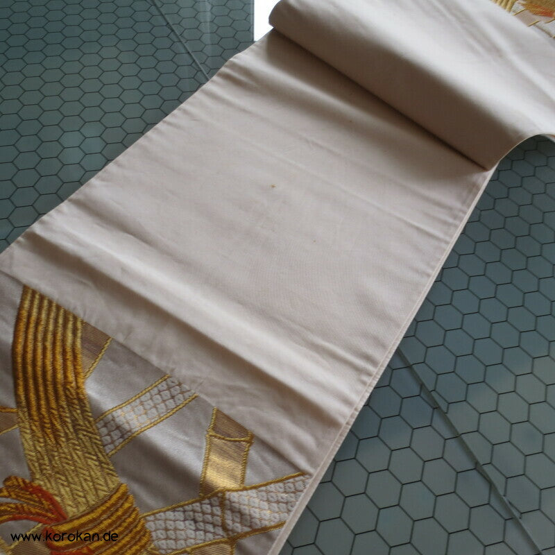 Bambusgeflecht Seiden Brokat Fukuro Obi, goldener Kimonogürtel