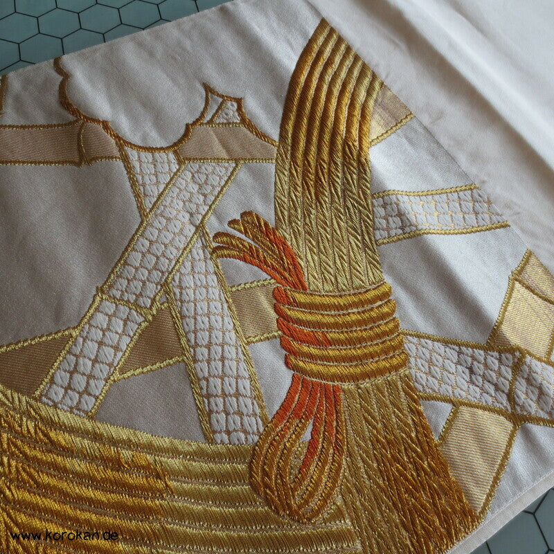 Bambusgeflecht Seiden Brokat Fukuro Obi, goldener Kimonogürtel