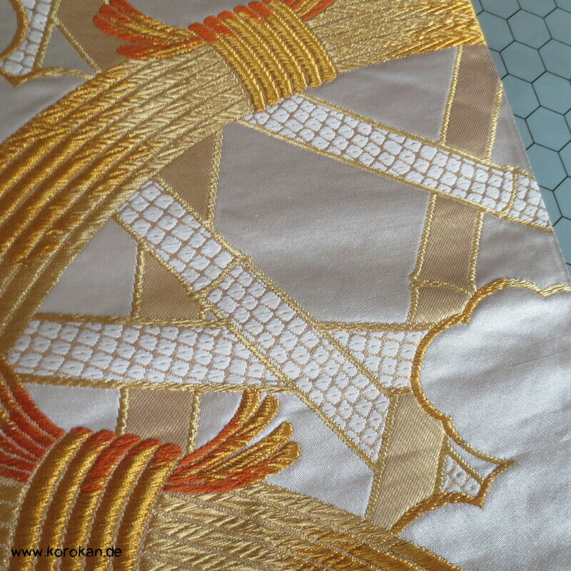 Bambusgeflecht Seiden Brokat Fukuro Obi, goldener Kimonogürtel