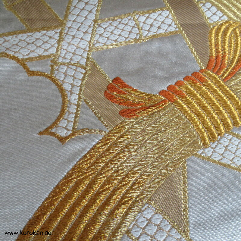 Bambusgeflecht Seiden Brokat Fukuro Obi, goldener Kimonogürtel