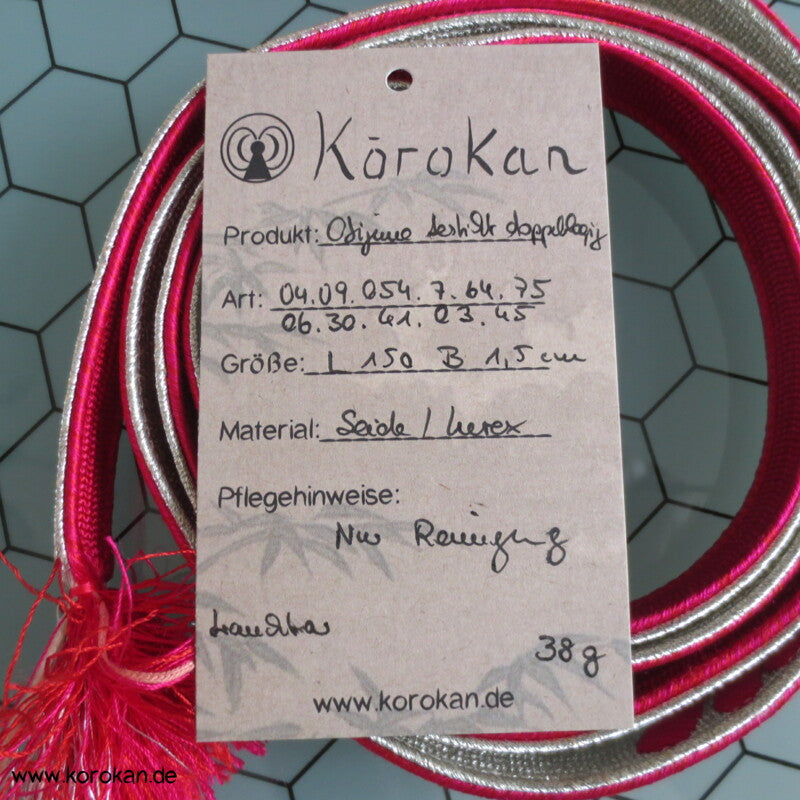 pink - silber, bestickter Obijime, Seide / Lurex