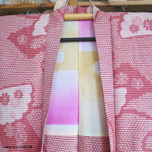 Haori Kimono Jacke Meisen Jigami Fächer mit Blüten und Kanoko Dots