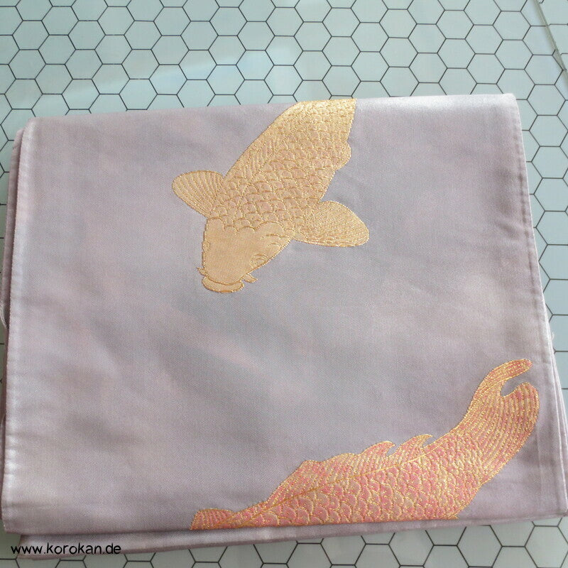 Koi Karpfen in gold, silber, kupfer Fukuro Obi Seidenbrokat Kimonogürtel