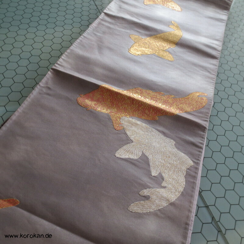 Koi Karpfen in gold, silber, kupfer Fukuro Obi Seidenbrokat Kimonogürtel