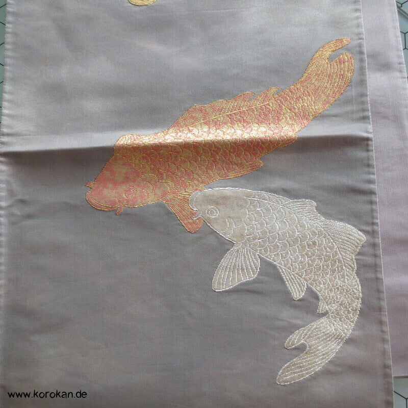 Koi Karpfen in gold, silber, kupfer Fukuro Obi Seidenbrokat Kimonogürtel