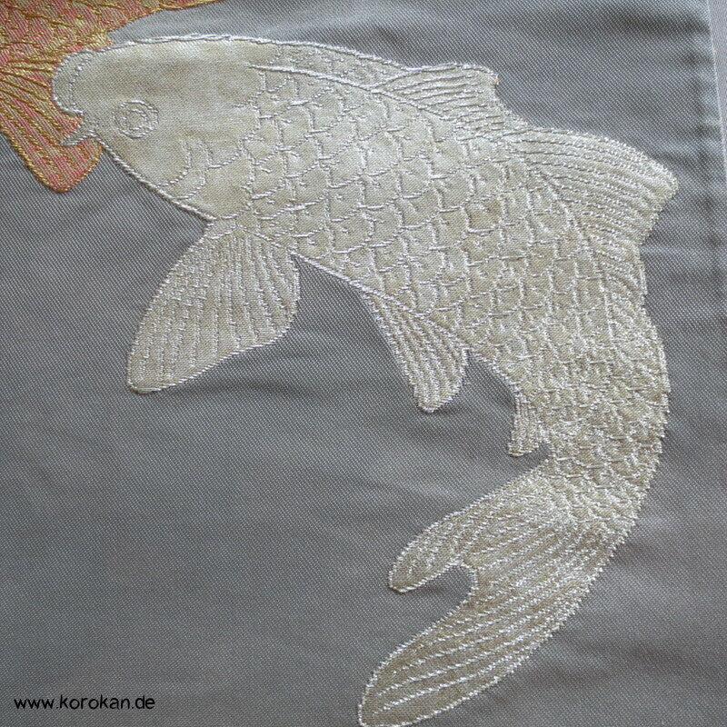 Koi Karpfen in gold, silber, kupfer Fukuro Obi Seidenbrokat Kimonogürtel